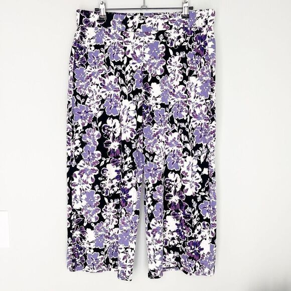J. Jill Medium Petite Floral Cropped Wide Leg Stretch Knit Pull On Pants Spring - Picture 2 of 4